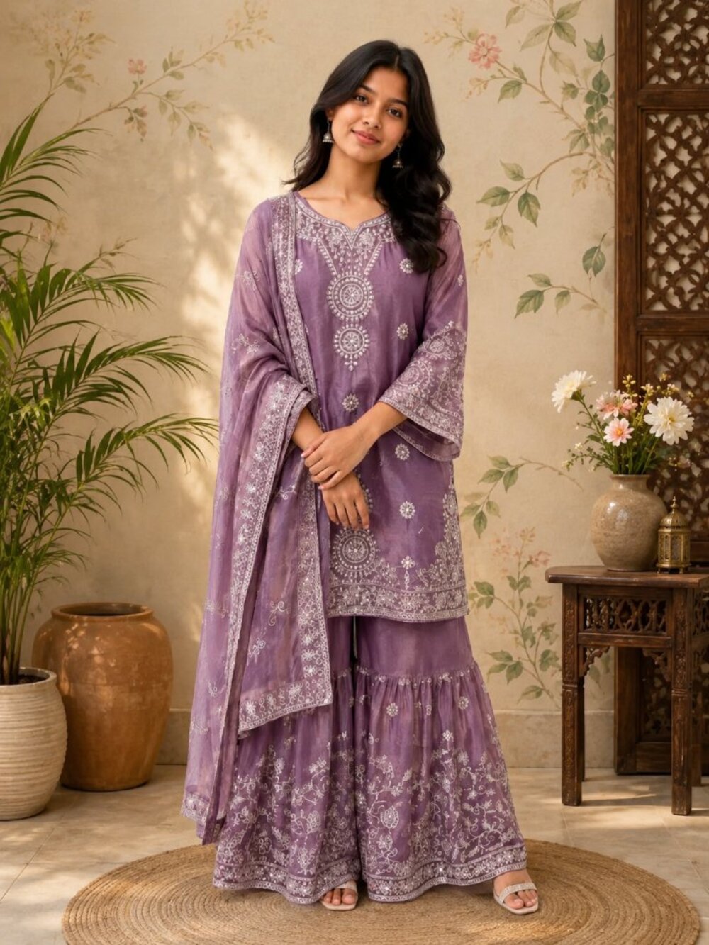 Lavender Embroidered Sharara Suit Set with Dupatta